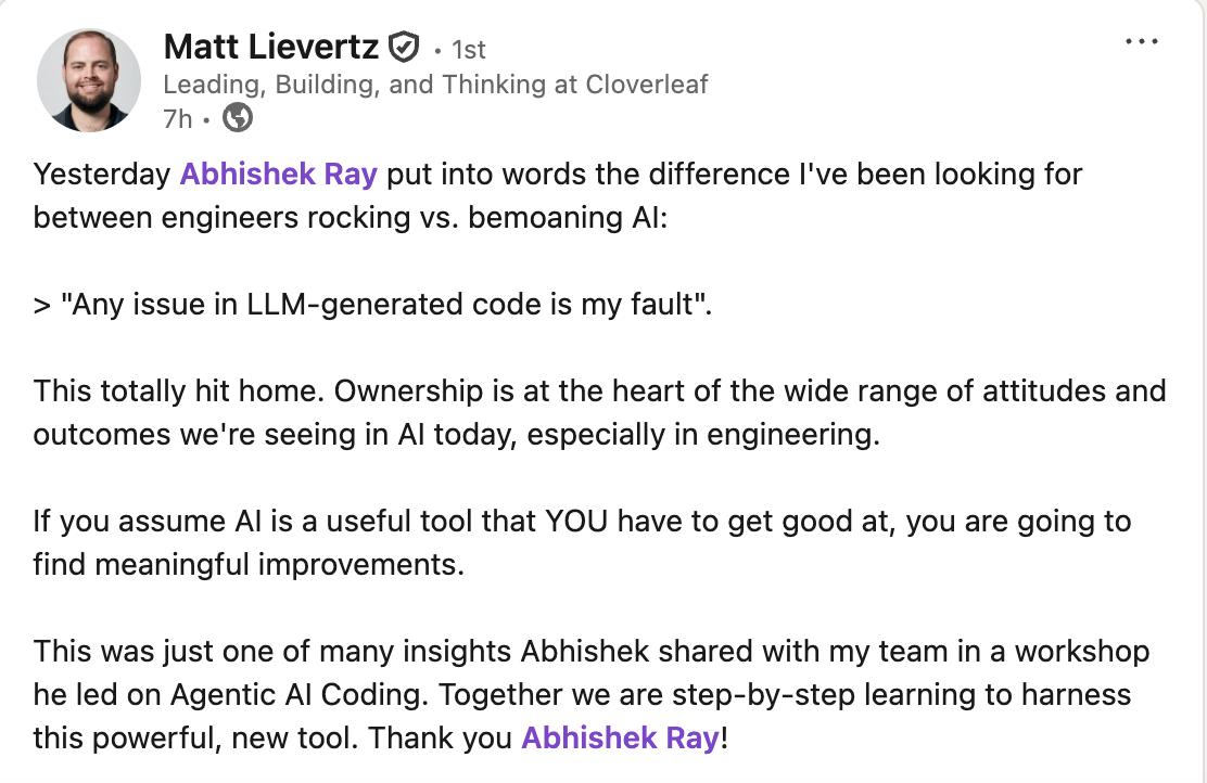 LinkedIn testimonial from Matt Lievertz about Claude Code workshop